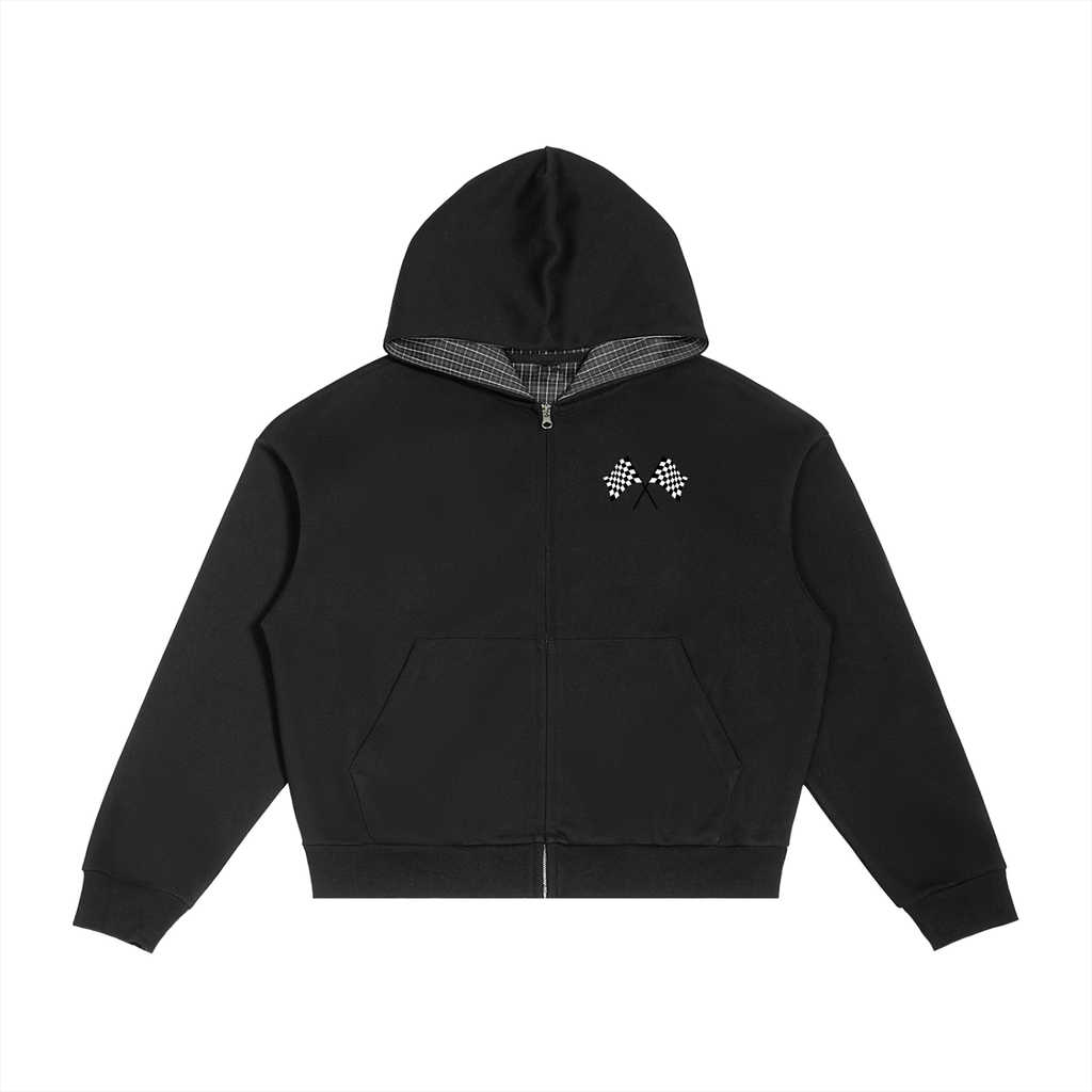 Contrast Plaid Boxy Zip Hoodie